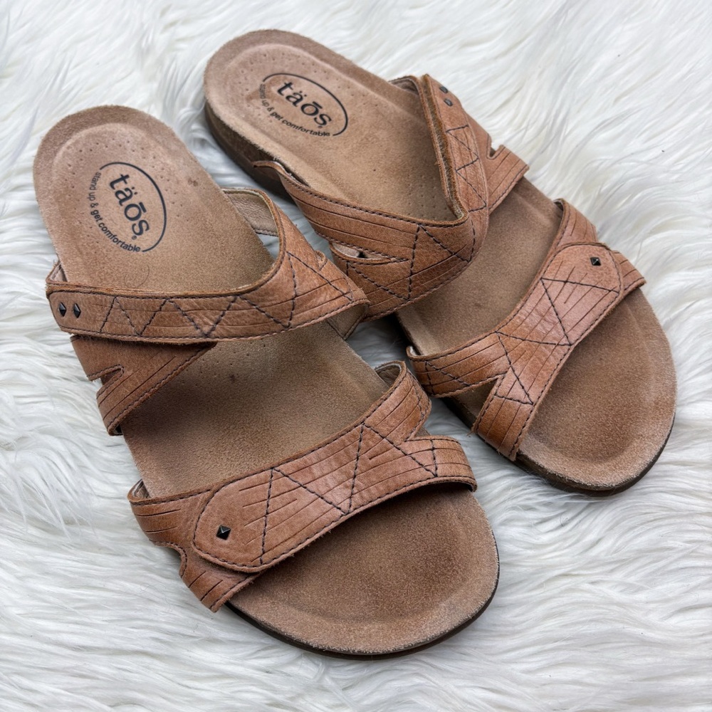 Taos Double U Sandal Tan Brown Leather Slide Arch Support Womens 11 Travel